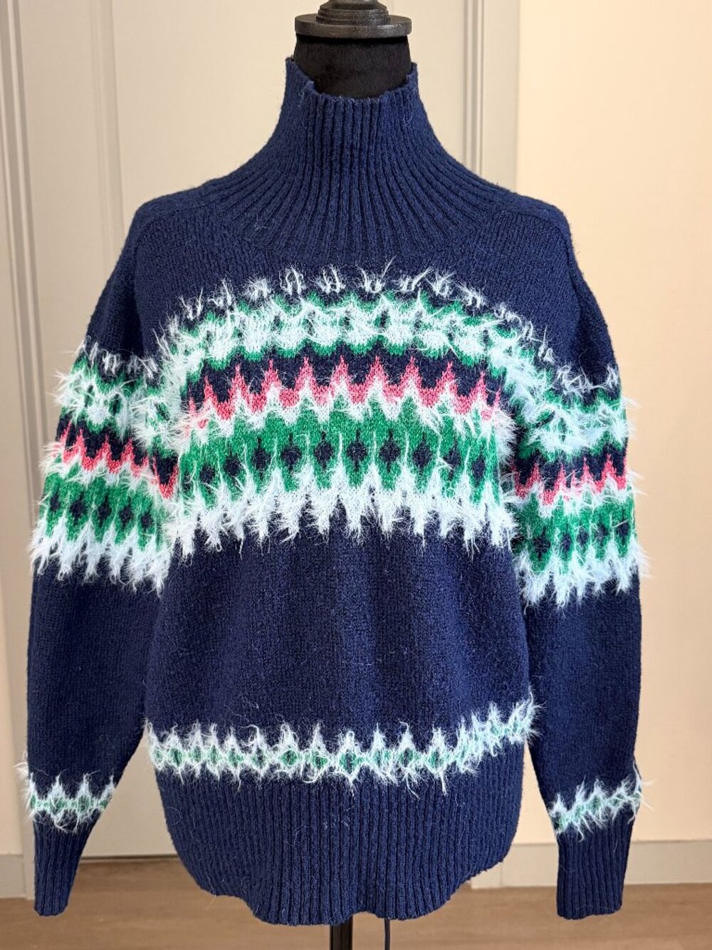 Free Assembly Navy Blue Fair Isle Eyelash Turtleneck Sweater L Nordic Apres Ski